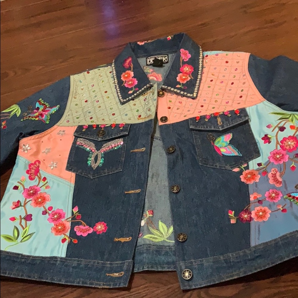 BEREK VINTAGE BUTTERFLY SAKURA FLOWERS JEAN JACKET